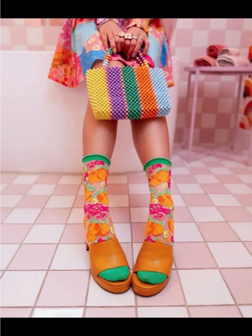 Orange Floral Sheer Crew Sock. Sock Candy. Price firm.